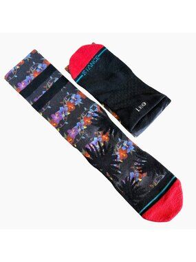 Stance Island Lights Floral Crew Socks Men's Large NWOT Black Tropical Hibiscus
